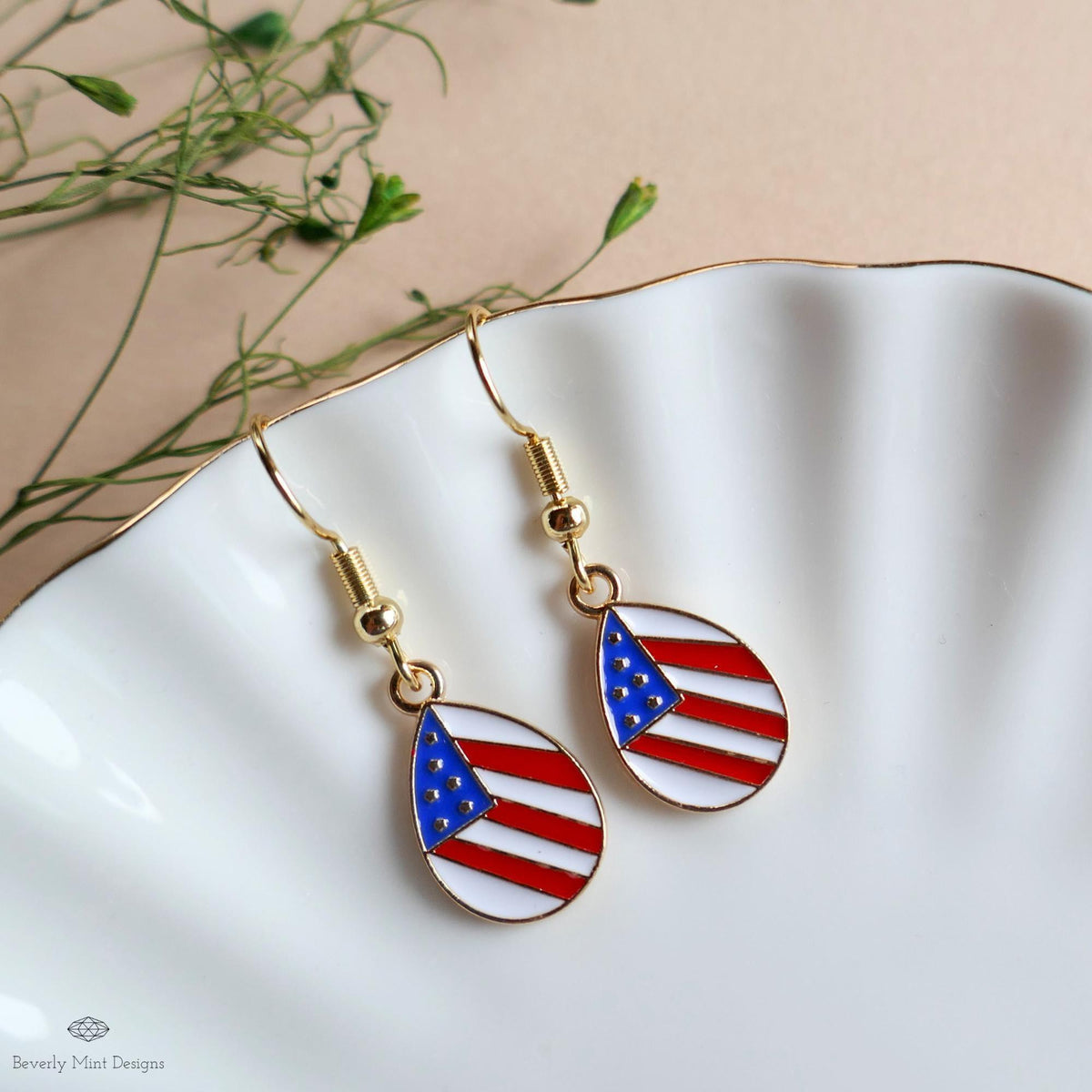 Teardrop Patriotic USA Flag Earrings, Red White Blue Dangle Jewelry, USA 4th of July Earrings, Sensitive Ear & Clip-On Options
