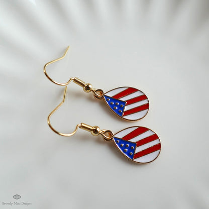 Teardrop Patriotic USA Flag Earrings, Red White Blue Dangle Jewelry, USA 4th of July Earrings, Sensitive Ear & Clip-On Options