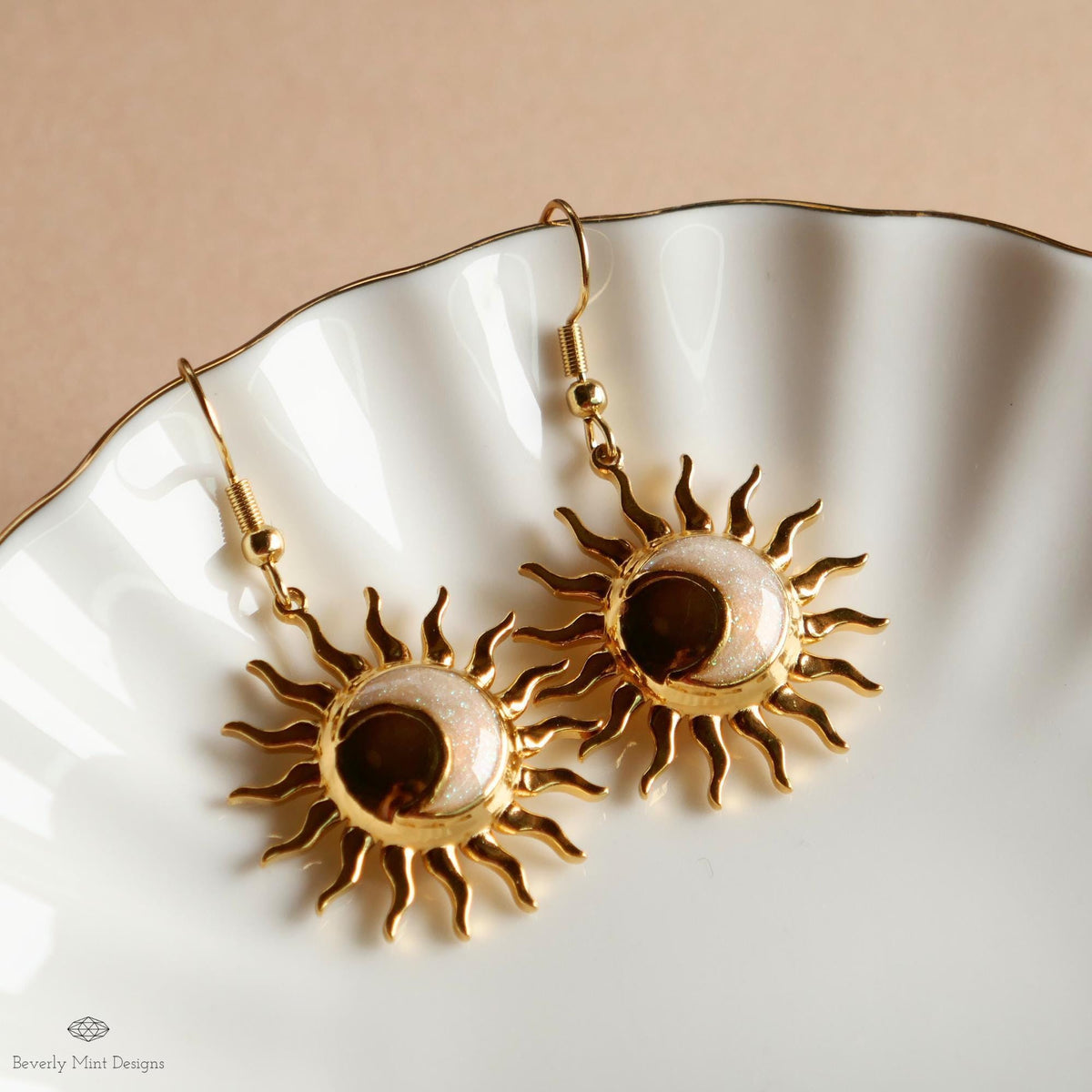 Gold Sun and Moon Earrings, Celestial Dangle Earrings, Boho Cosmic Jewelry, Minimalist Festival Accessories, Sensitive Ear & Clip-On Options