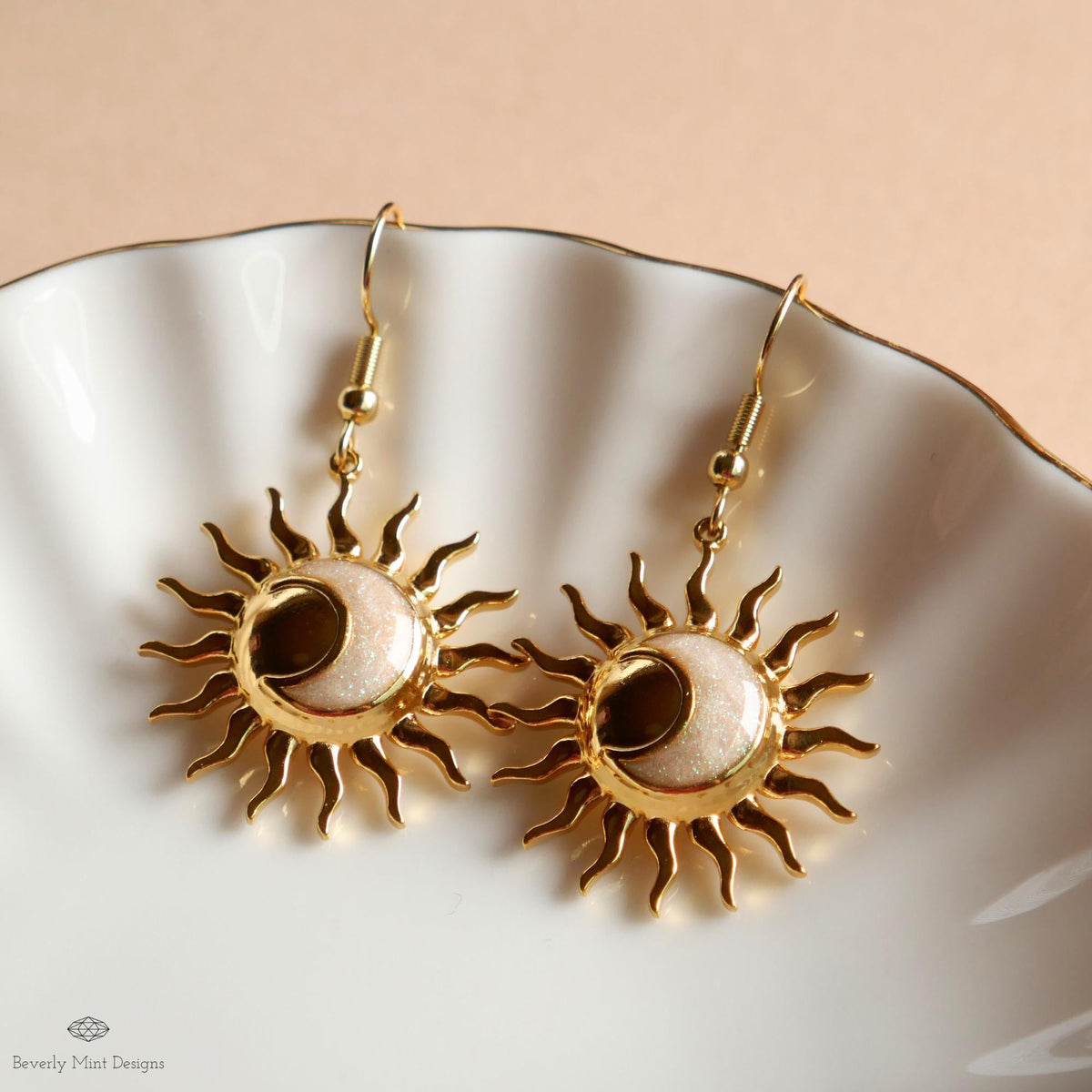 Gold Sun and Moon Earrings, Celestial Dangle Earrings, Boho Cosmic Jewelry, Minimalist Festival Accessories, Sensitive Ear & Clip-On Options