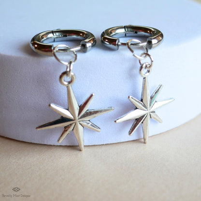 Silver Star Hoop Earrings, North Star Dangle Hoops, Celestial Jewelry for Women, Minimalist Star Earrings, Cosmic