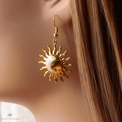 Gold Sun and Moon Earrings, Celestial Dangle Earrings, Boho Cosmic Jewelry, Minimalist Festival Accessories, Sensitive Ear & Clip-On Options