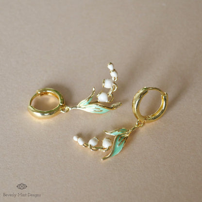 Huggie Floral Earrings, Gold Lily Of The Valley Dangle Earrings, Birth Flower for May