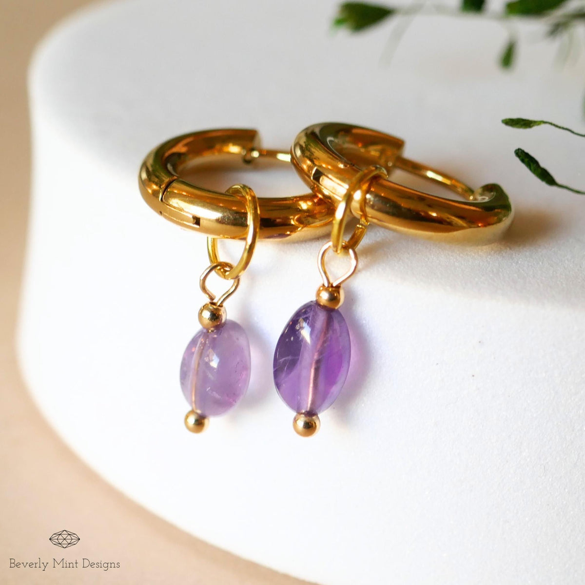 Gold Hoop Earrings with Amethyst , Minimalist Gold Huggie Earrings, February Birthstone Jewelry, Purple Earrings for Her