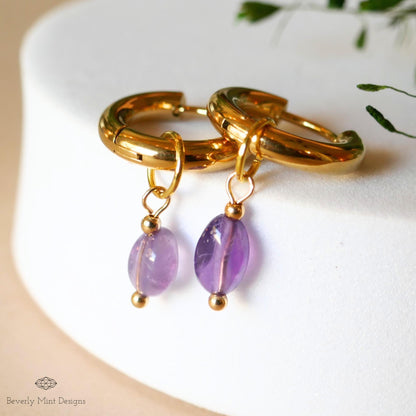 Gold Hoop Earrings with Amethyst , Minimalist Gold Huggie Earrings, February Birthstone Jewelry, Purple Earrings for Her