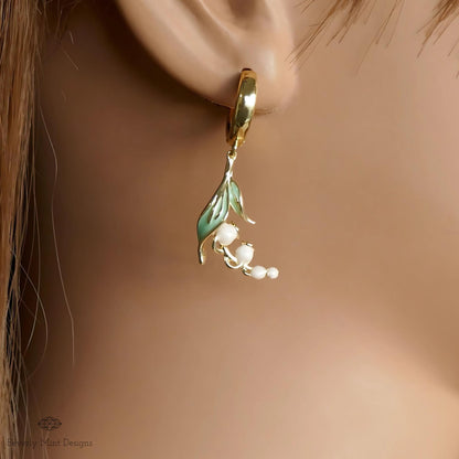 Huggie Floral Earrings, Gold Lily Of The Valley Dangle Earrings, Birth Flower for May