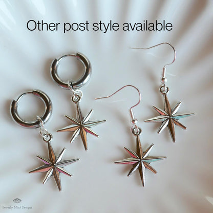 Silver Star Hoop Earrings, North Star Dangle Hoops, Celestial Jewelry for Women, Minimalist Star Earrings, Cosmic
