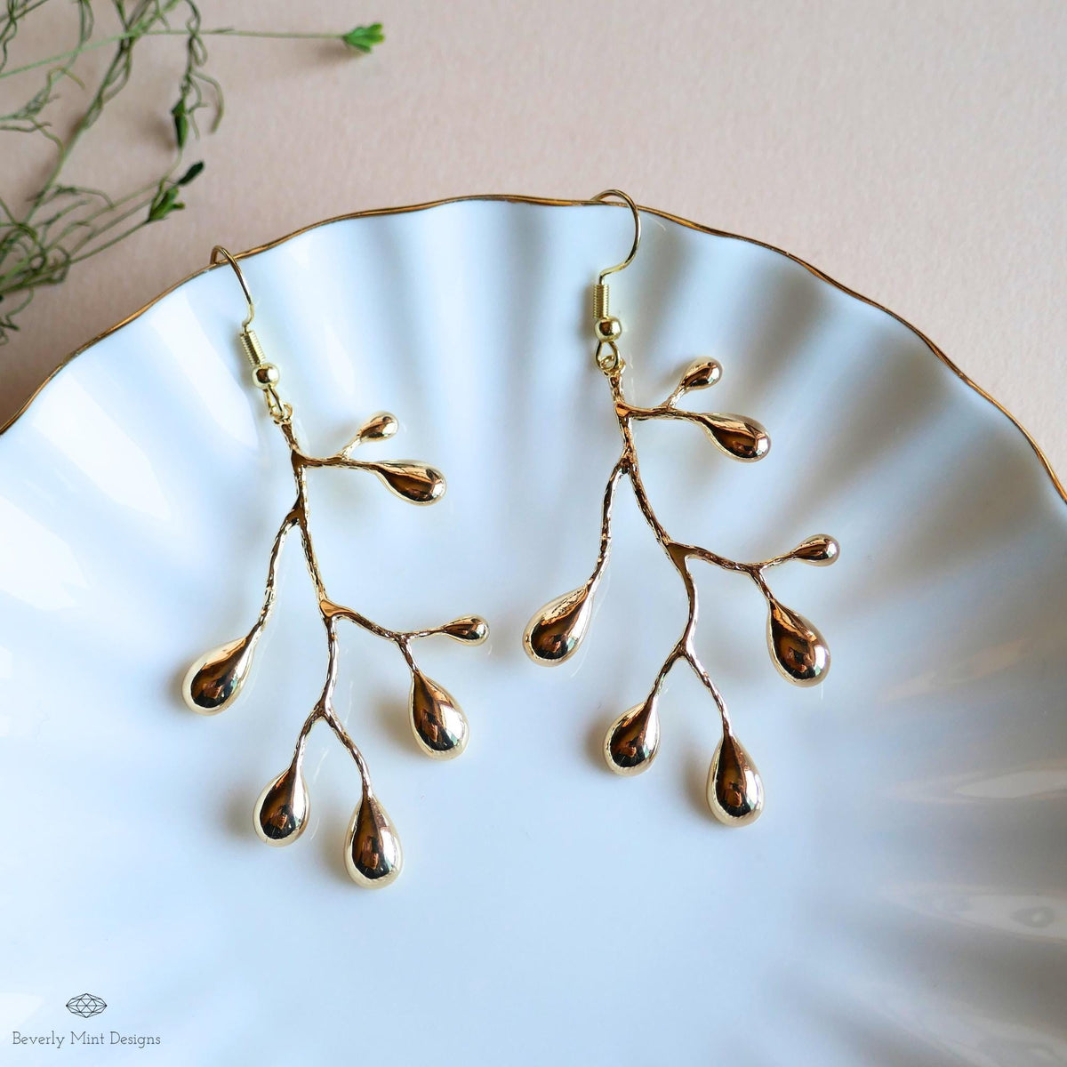 Gold Branch Earrings, Nature Inspired Large Statement Earrings, Coral Leaf Dangle Earrings, Sensitive Ear & Clip-On Options