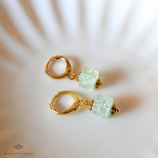 Gold Hoop Earrings, Light Green Glass Bead Earrings, Minimalist Green Dangle Earrings, Pastel jewelry, Sensitive Ear & Clip-On Options