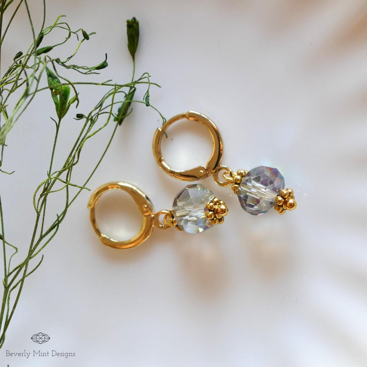 Crystal Drop Hoop Earrings, Light Weight Gold Plated Huggie Earrings, Gray Sparkly Earrings, Sensitive Ear & Clip-On Options