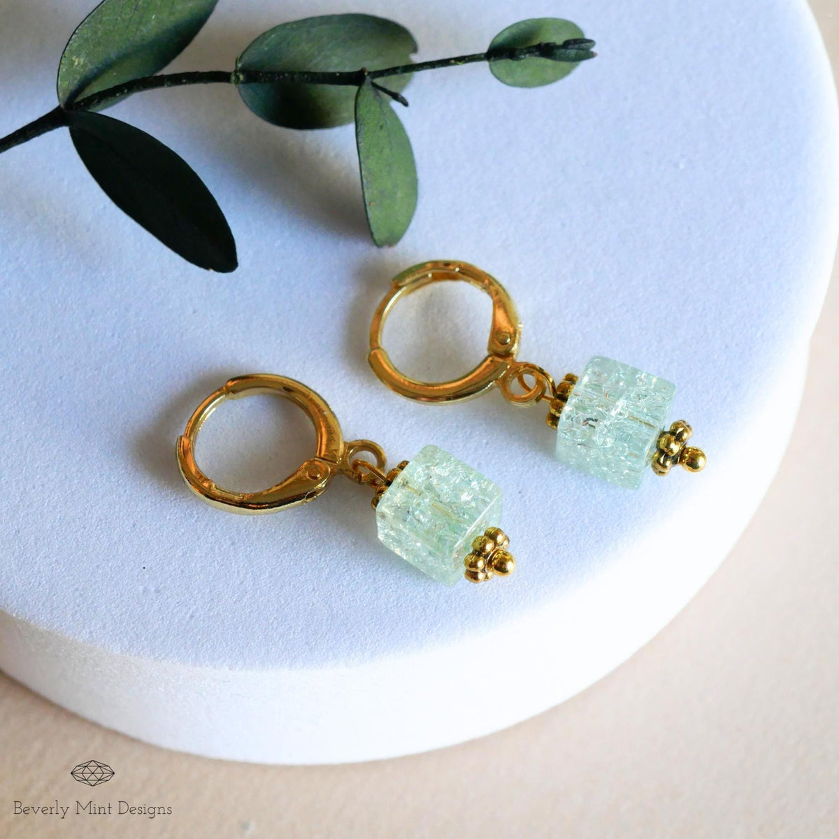 Gold Hoop Earrings, Light Green Glass Bead Earrings, Minimalist Green Dangle Earrings, Pastel jewelry, Sensitive Ear & Clip-On Options