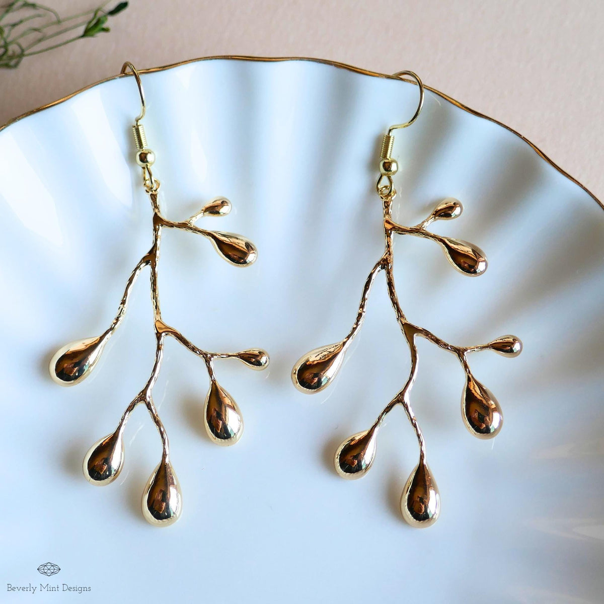 Gold Branch Earrings, Nature Inspired Large Statement Earrings, Coral Leaf Dangle Earrings, Sensitive Ear & Clip-On Options