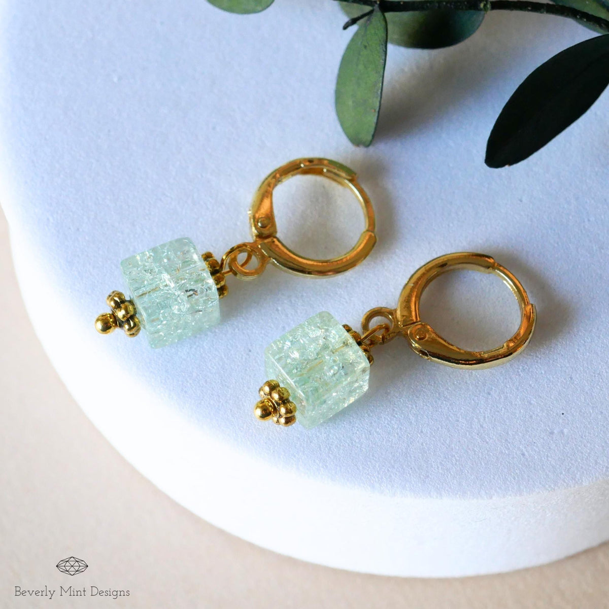 Gold Hoop Earrings, Light Green Glass Bead Earrings, Minimalist Green Dangle Earrings, Pastel jewelry, Sensitive Ear & Clip-On Options