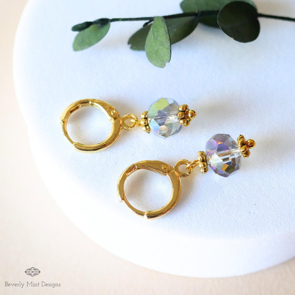 Crystal Drop Hoop Earrings, Light Weight Gold Plated Huggie Earrings, Gray Sparkly Earrings, Sensitive Ear & Clip-On Options