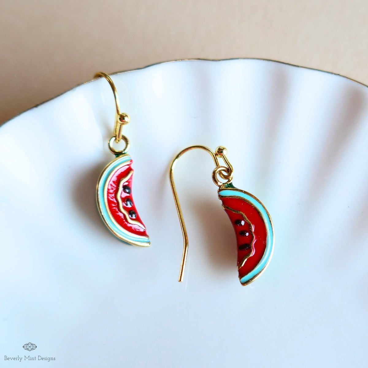 Watermelon Earrings, Summer Fruit Earrings, Enamel Drop Earrings, Fun Dangle Earrings, Cute Gold Earrings, Sensitive Ear & Clip-On Options