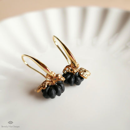 Pumpkin Earrings, Fall Dangle Earrings, Halloween Jewelry, Autumn Gold Earrings, Cute Black Pumpkin Charms, Sensitive Ear & Clip-On Options