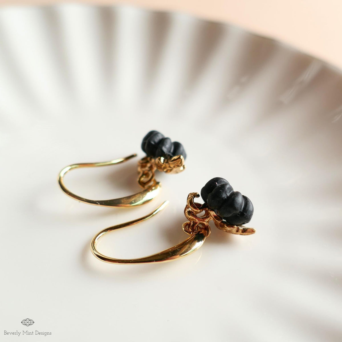 Pumpkin Earrings, Fall Dangle Earrings, Halloween Jewelry, Autumn Gold Earrings, Cute Black Pumpkin Charms, Sensitive Ear & Clip-On Options