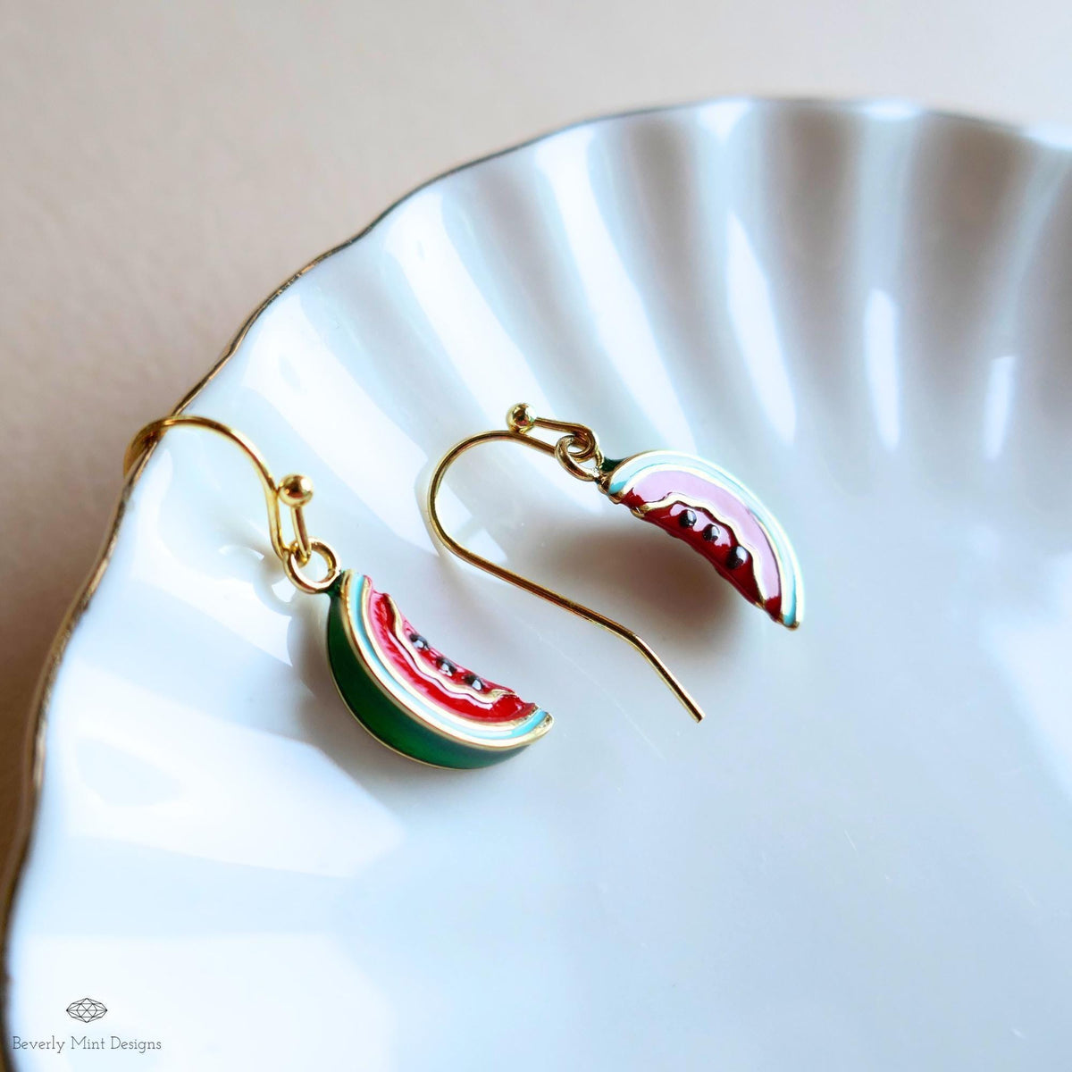 Watermelon Earrings, Summer Fruit Earrings, Enamel Drop Earrings, Fun Dangle Earrings, Cute Gold Earrings, Sensitive Ear & Clip-On Options