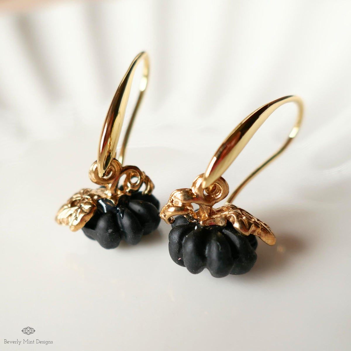 Pumpkin Earrings, Fall Dangle Earrings, Halloween Jewelry, Autumn Gold Earrings, Cute Black Pumpkin Charms, Sensitive Ear & Clip-On Options