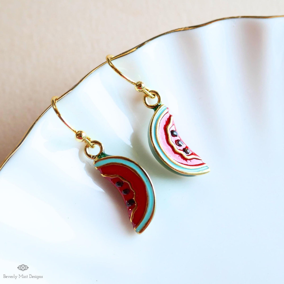 Watermelon Earrings, Summer Fruit Earrings, Enamel Drop Earrings, Fun Dangle Earrings, Cute Gold Earrings, Sensitive Ear & Clip-On Options