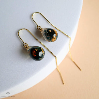 Pressed Flower Threader Earrings, Gold Chain Earrings, Resin Floral Jewelry, Dainty Drop Earrings, Sensitive Ear & Clip-On Options