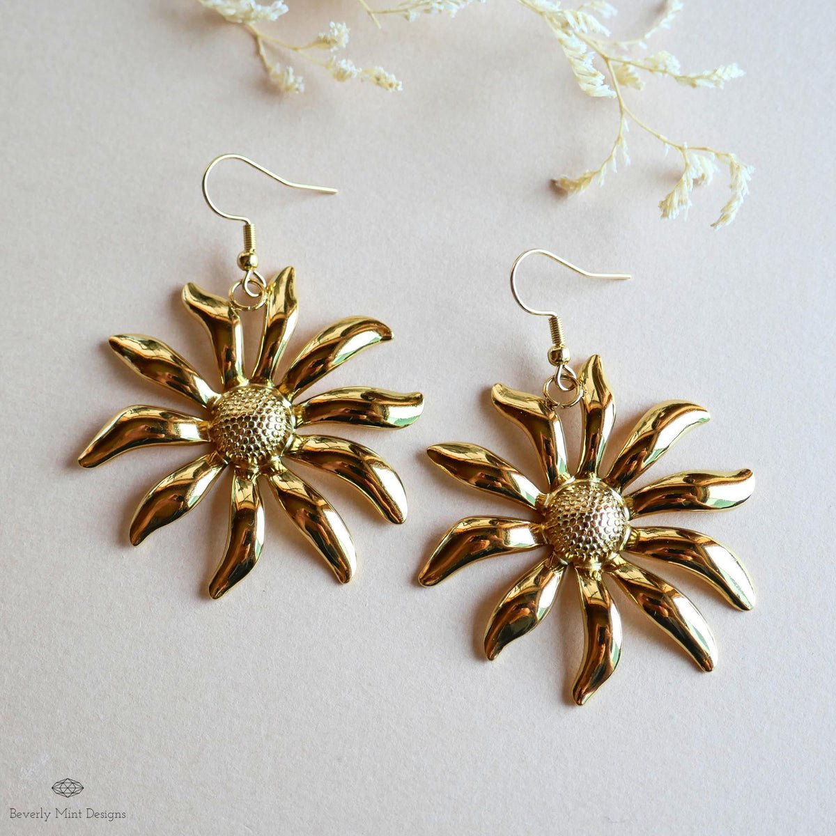 Gold Flower Earrings, Extra Large Statement Earrings, Bold Petal Dangle Earrings, Heavy Floral Jewelry, Sensitive Ear & Clip-On Options