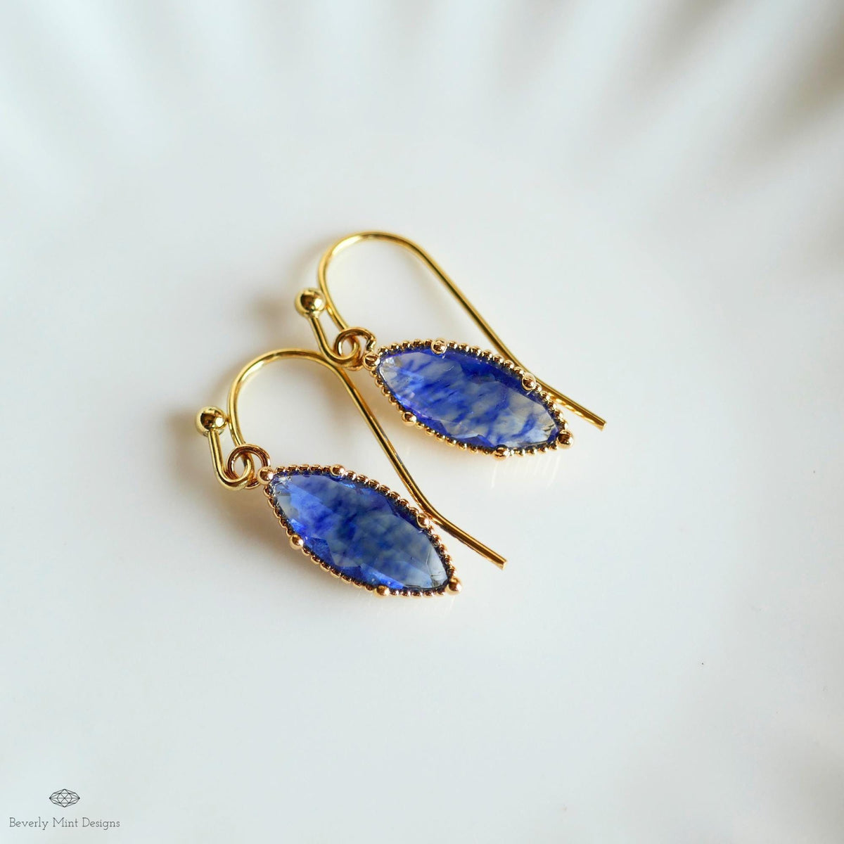 Blue Drop Earrings Marquise Dangle Earrings Gold Hook Earrings Sparkly Minimal Jewelry Romantic, Sensitive Ear & Clip-On Options