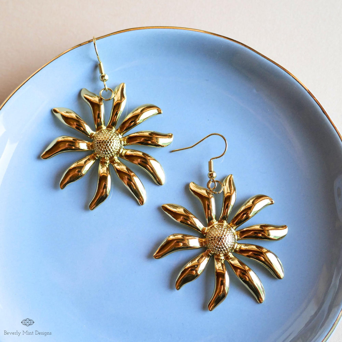 Gold Flower Earrings, Extra Large Statement Earrings, Bold Petal Dangle Earrings, Heavy Floral Jewelry, Sensitive Ear & Clip-On Options