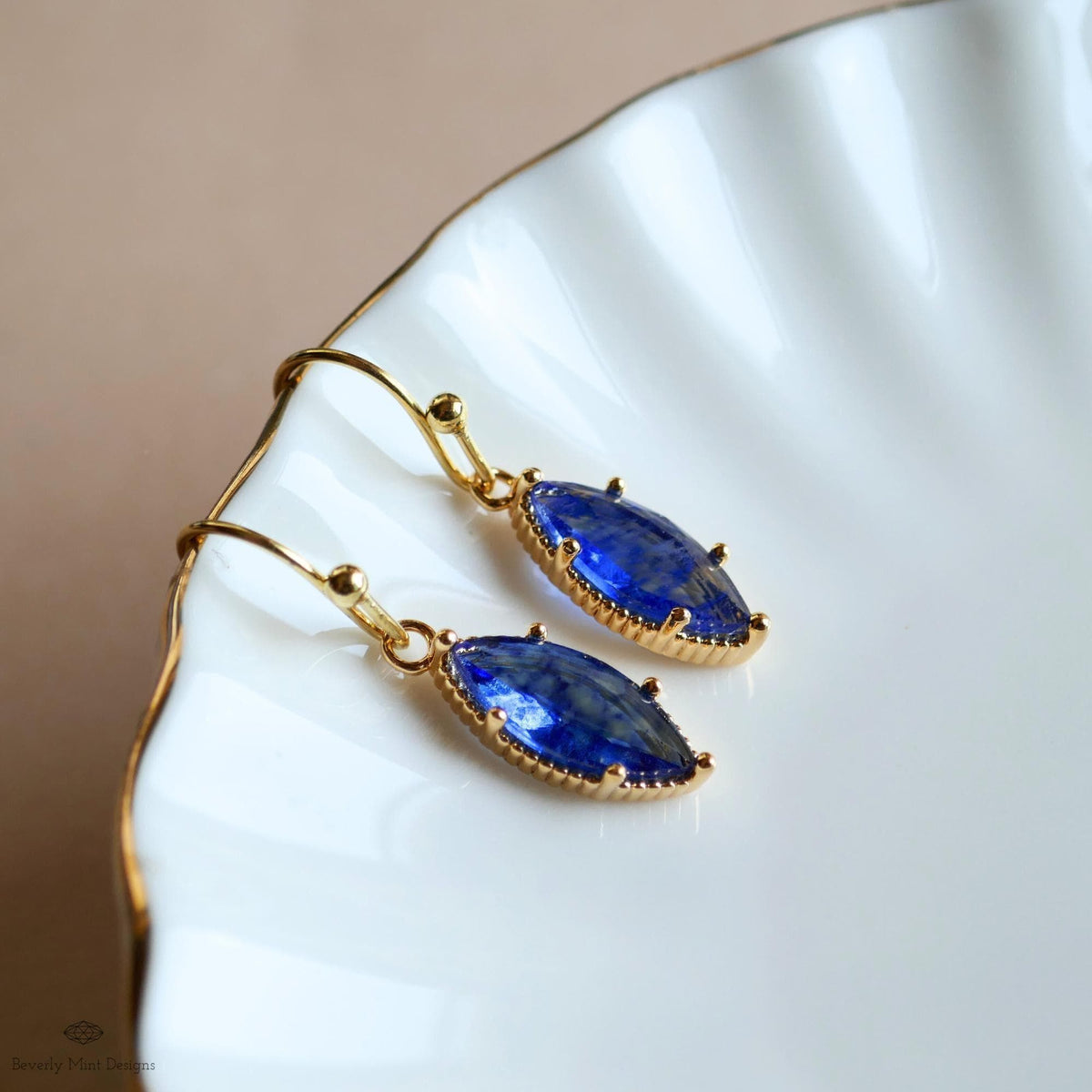 Blue Drop Earrings Marquise Dangle Earrings Gold Hook Earrings Sparkly Minimal Jewelry Romantic, Sensitive Ear & Clip-On Options