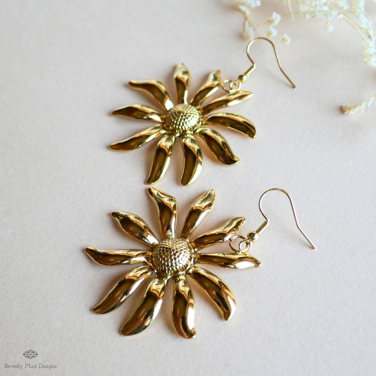 Gold Flower Earrings, Extra Large Statement Earrings, Bold Petal Dangle Earrings, Heavy Floral Jewelry, Sensitive Ear & Clip-On Options