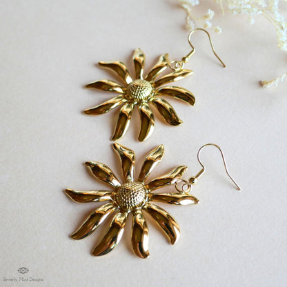 Gold Flower Earrings, Extra Large Statement Earrings, Bold Petal Dangle Earrings, Heavy Floral Jewelry, Sensitive Ear & Clip-On Options