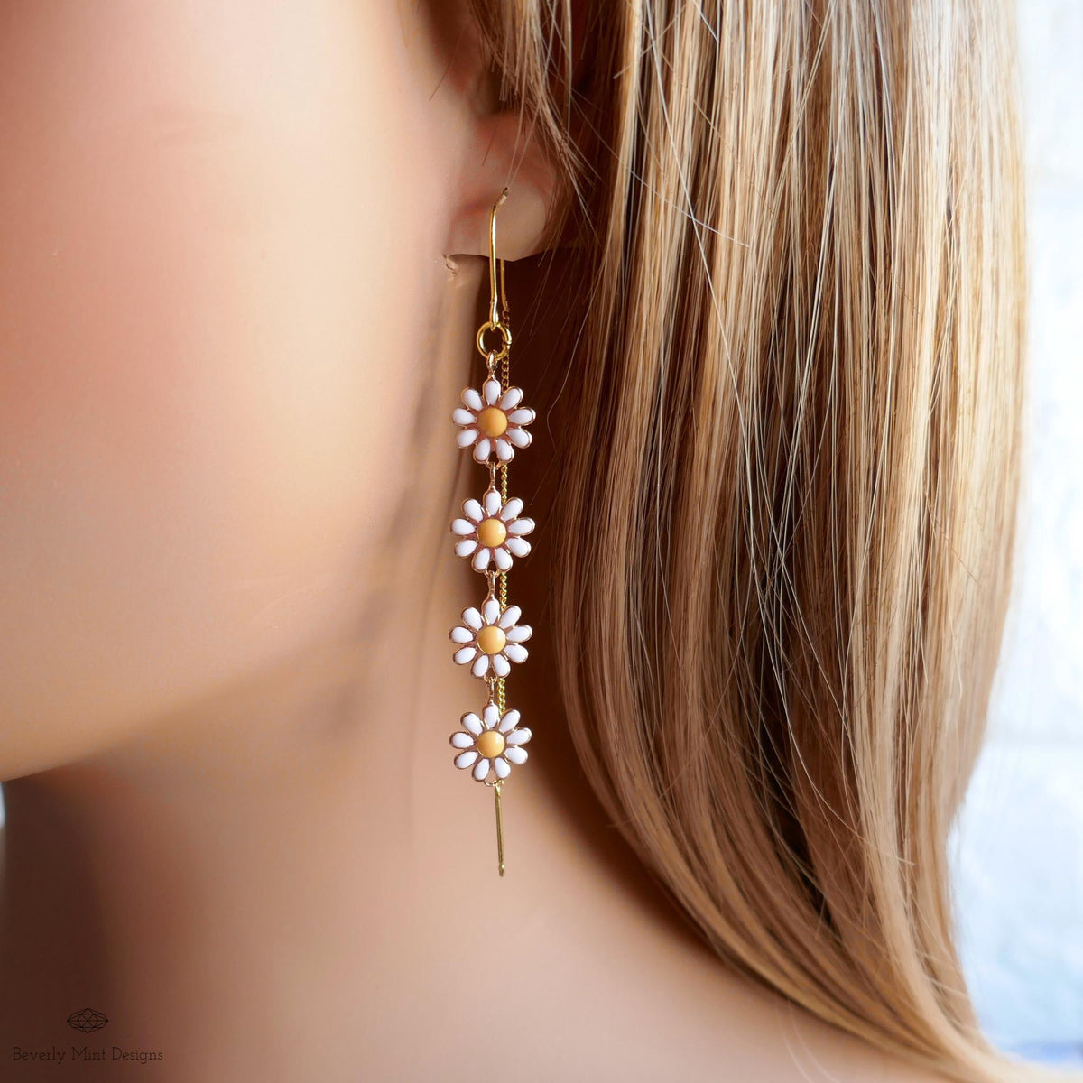 Daisy Threader Earrings, Gold Flower Drop Earrings, Boho Floral Jewelry, Dangle Earrings for Women, Sensitive Ear & Clip-On Options