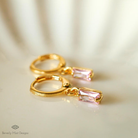 Gold Hoop Earrings, Pink Stone Drop Earrings, Dainty Gold Hoops, Minimalist Jewelry for Women, Lightweight, Sensitive Ear & Clip-On Options