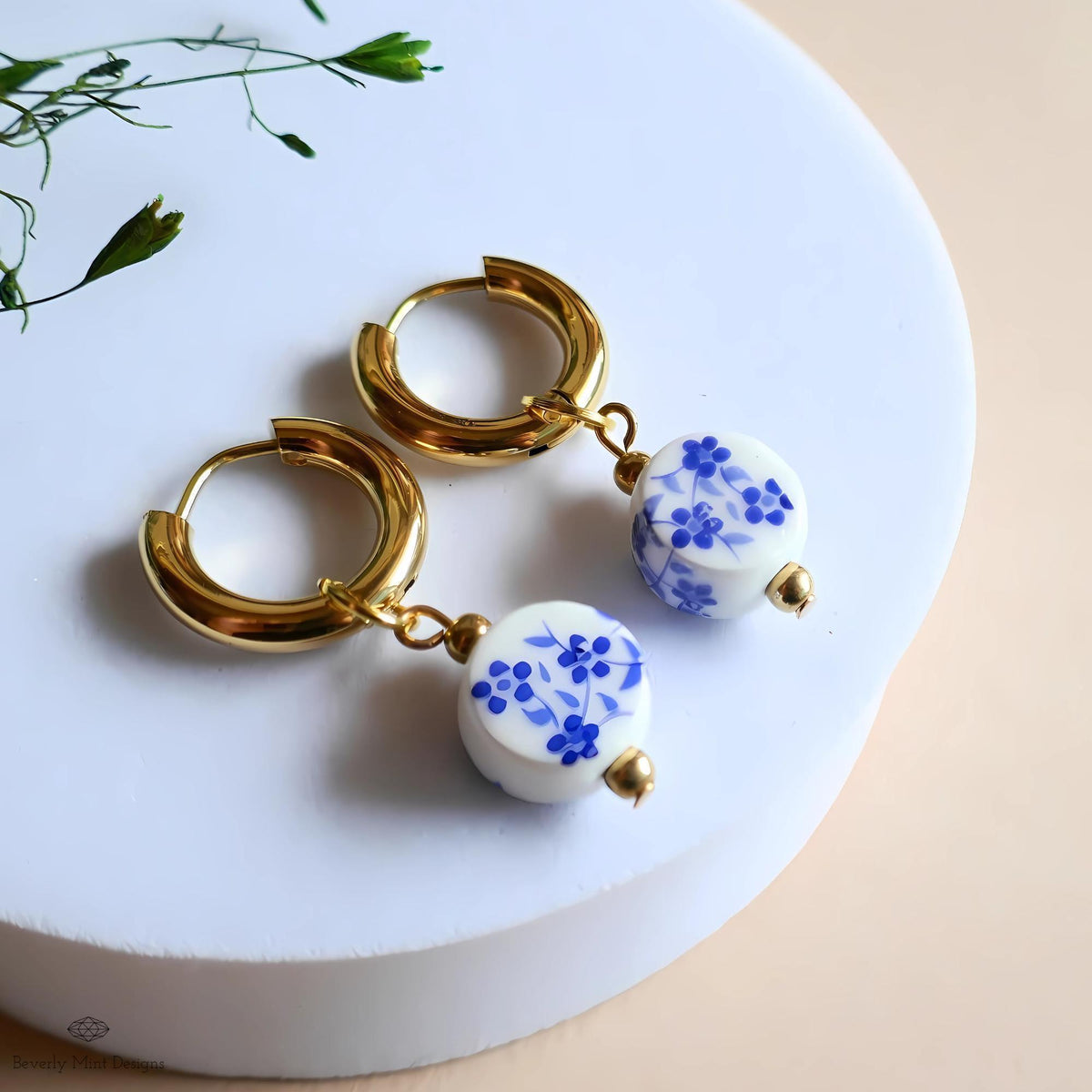 Blue and White Ceramic Bead Earrings, Chunky Gold Hoop Earrings with Floral Ceramic Beads, Chinoiserie Style Jewelry, Handmade Earrings
