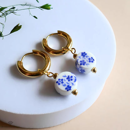 Blue and White Ceramic Bead Earrings, Chunky Gold Hoop Earrings with Floral Ceramic Beads, Chinoiserie Style Jewelry, Handmade Earrings