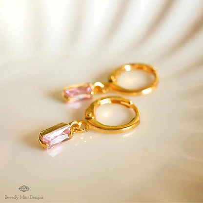 Gold Hoop Earrings, Pink Stone Drop Earrings, Dainty Gold Hoops, Minimalist Jewelry for Women, Lightweight, Sensitive Ear & Clip-On Options