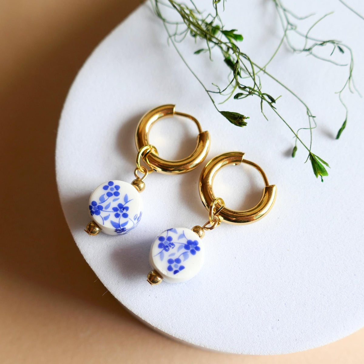 Blue and White Ceramic Bead Earrings, Chunky Gold Hoop Earrings with Floral Ceramic Beads, Chinoiserie Style Jewelry, Handmade Earrings