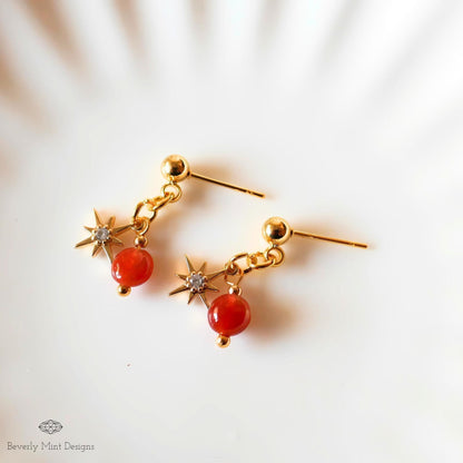 Gold Star Earrings, Minimalist Dangle Earrings, Celestial Statement Jewelry, Red Stone Dangle Earrings for Women