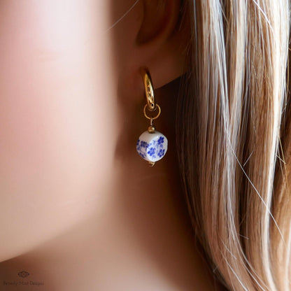 Blue and White Ceramic Bead Earrings, Chunky Gold Hoop Earrings with Floral Ceramic Beads, Chinoiserie Style Jewelry, Handmade Earrings