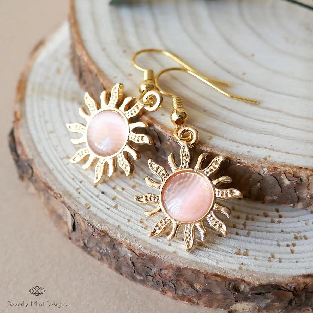 Sun Earrings, 18K Gold Boho Sun Earrings, Pink Earrings, Bohemian Style Earrings , Gold Sunburst Earrings, Sensitive Ear & Clip-On Options