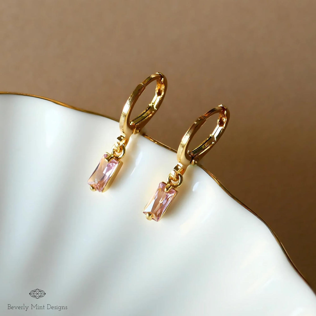 Gold Hoop Earrings, Pink Stone Drop Earrings, Dainty Gold Hoops, Minimalist Jewelry for Women, Lightweight, Sensitive Ear & Clip-On Options