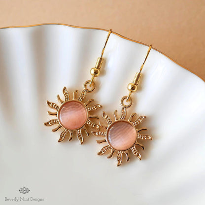 Sun Earrings, 18K Gold Boho Sun Earrings, Pink Earrings, Bohemian Style Earrings , Gold Sunburst Earrings, Sensitive Ear & Clip-On Options