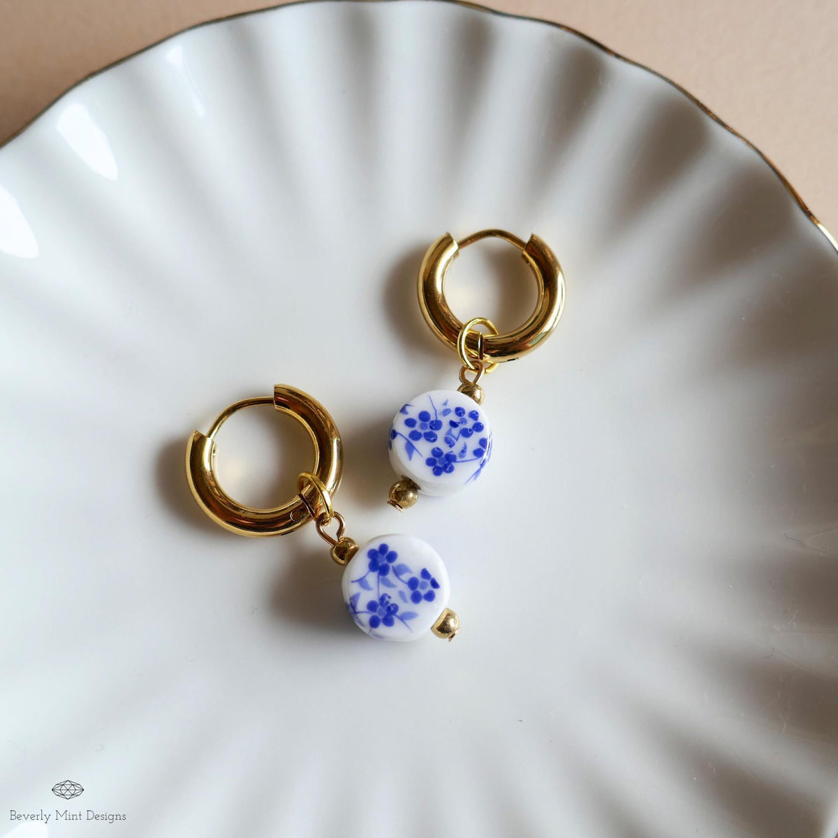 Blue and White Ceramic Bead Earrings, Chunky Gold Hoop Earrings with Floral Ceramic Beads, Chinoiserie Style Jewelry, Handmade Earrings