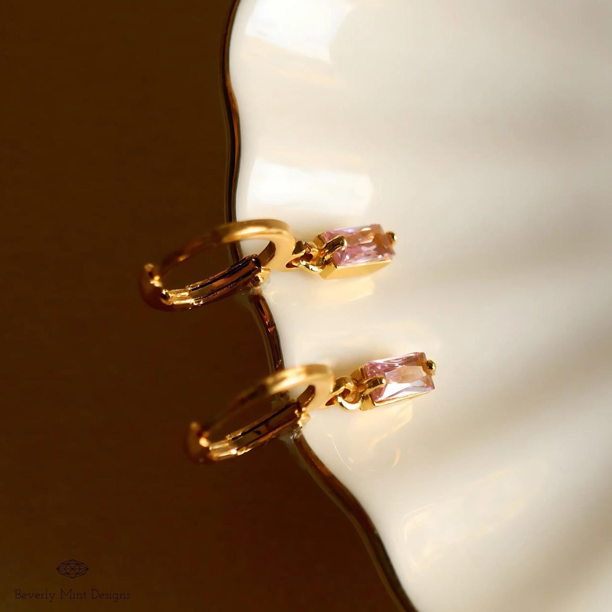 Gold Hoop Earrings, Pink Stone Drop Earrings, Dainty Gold Hoops, Minimalist Jewelry for Women, Lightweight, Sensitive Ear & Clip-On Options