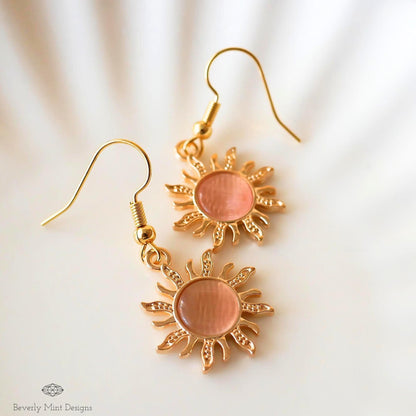 Sun Earrings, 18K Gold Boho Sun Earrings, Pink Earrings, Bohemian Style Earrings , Gold Sunburst Earrings, Sensitive Ear & Clip-On Options