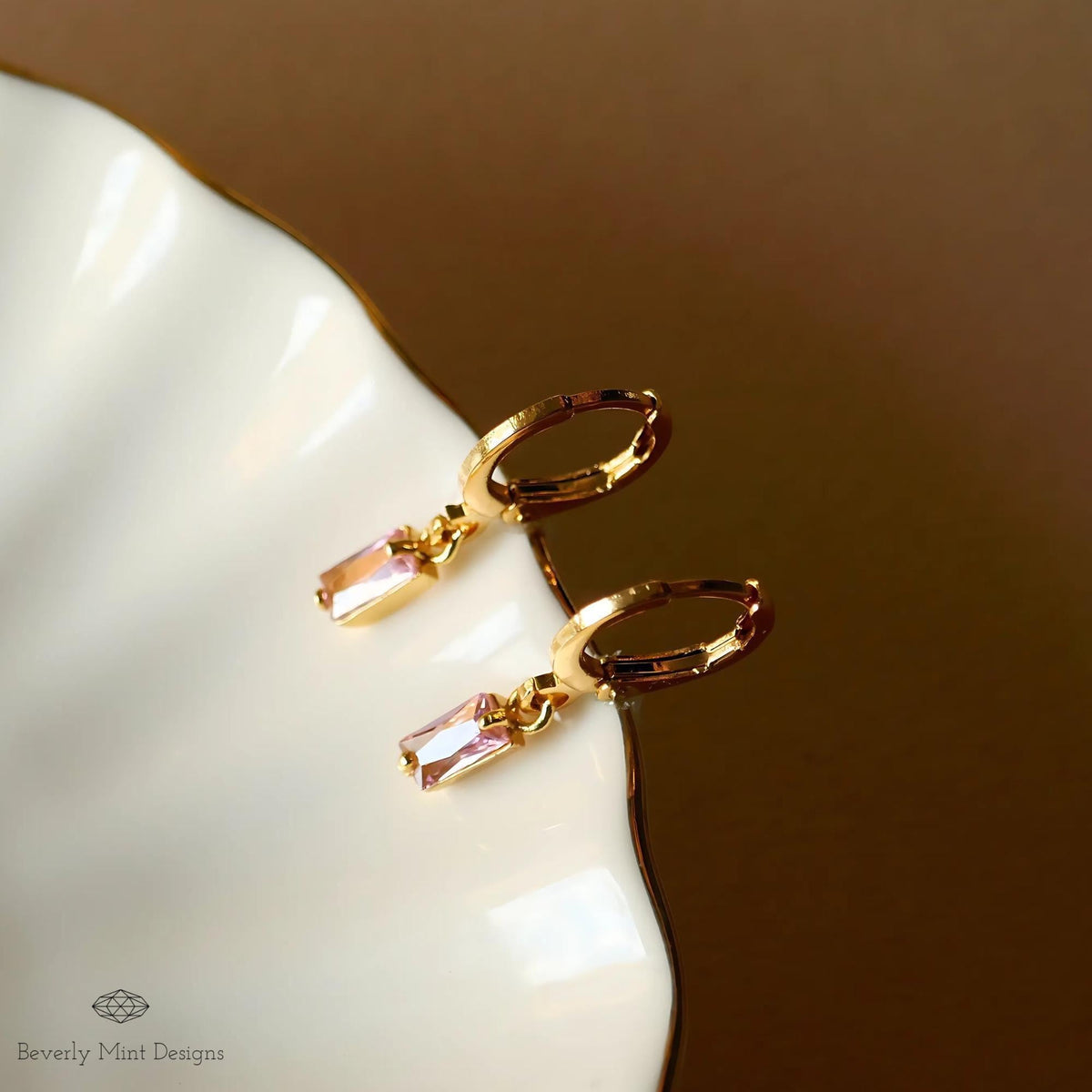 Gold Hoop Earrings, Pink Stone Drop Earrings, Dainty Gold Hoops, Minimalist Jewelry for Women, Lightweight, Sensitive Ear & Clip-On Options