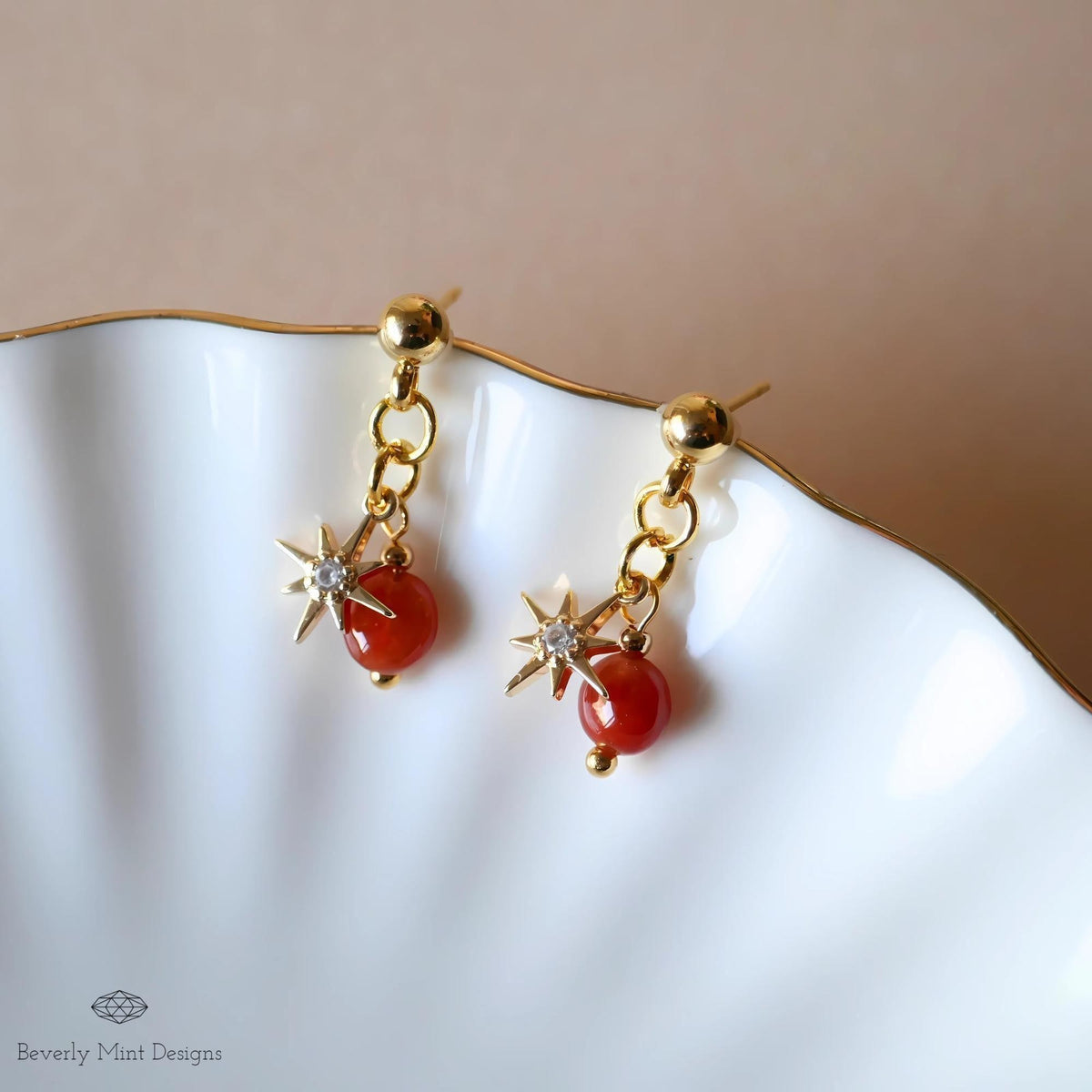 Gold Star Earrings, Minimalist Dangle Earrings, Celestial Statement Jewelry, Red Stone Dangle Earrings for Women