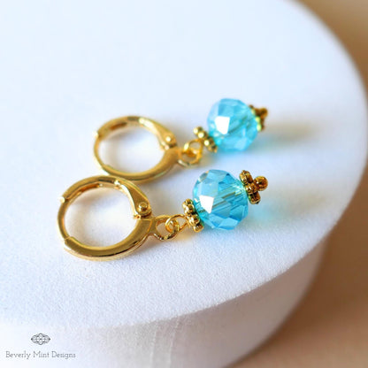 Gold Hoop Earrings with Blue Beads ,Handmade Dangle Earrings, Elegant Jewelry for Women, Sensitive Ear & Clip-On Options