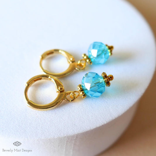 Gold Hoop Earrings with Blue Beads ,Handmade Dangle Earrings, Elegant Jewelry for Women, Sensitive Ear & Clip-On Options