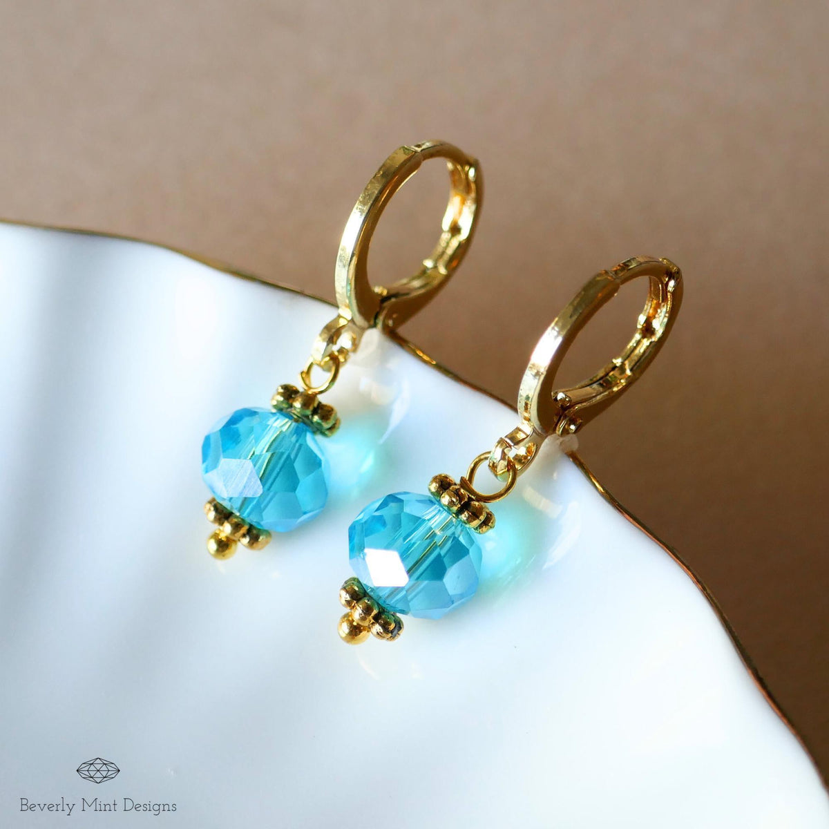 Gold Hoop Earrings with Blue Beads ,Handmade Dangle Earrings, Elegant Jewelry for Women, Sensitive Ear & Clip-On Options